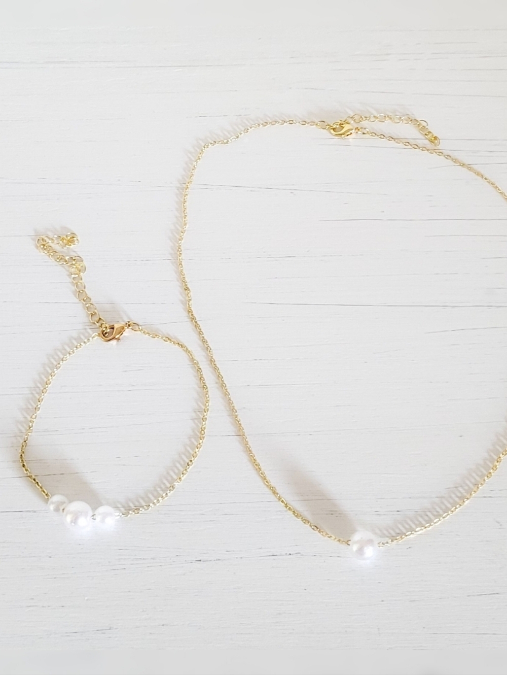 Gold Pearl Bead Pendant Necklace & Bracelet